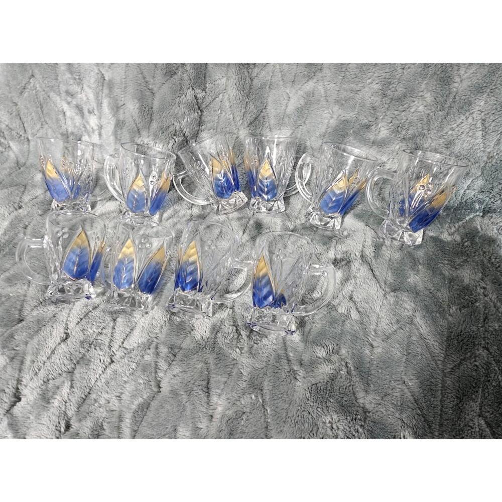 (Set of 10) Vintage Alpine Cuisine Glass Tea Cups Blue/Gold Clear w/ Handle 3.5"